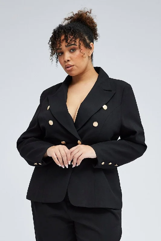 women's coats with button-down frontsBlack Fitted Blazer Gold Button Double Breasted Lined