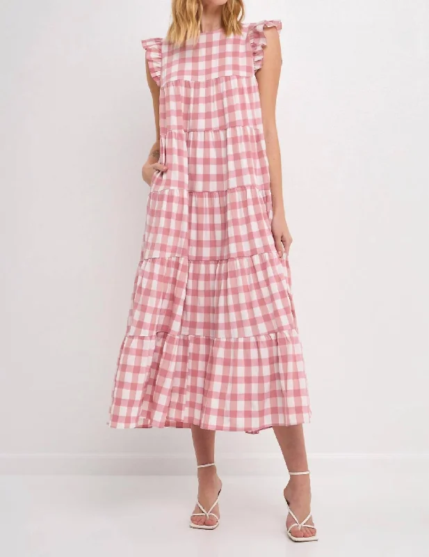 women's minimalist dressesSweet Gingham Tiered Maxi Dress In Pink