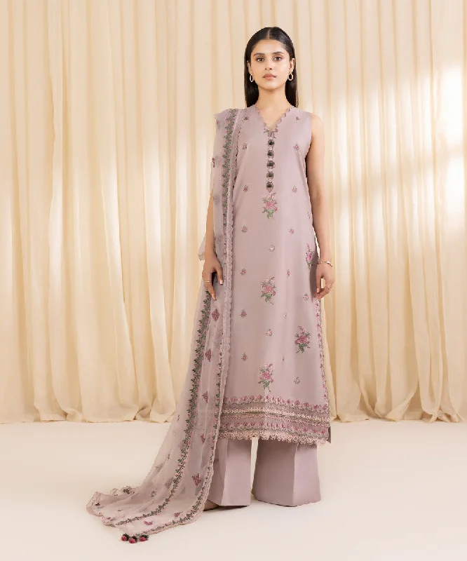 3 Piece - Embroidered Cotton Satin Suit