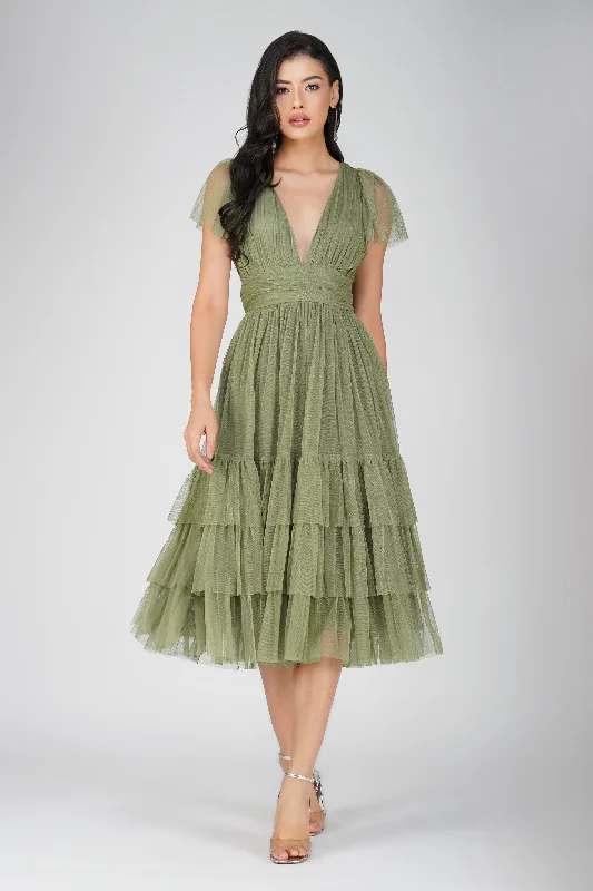 women's luxury dressesMadison Soft Olive Tulle Bridesmaid Midi Dress