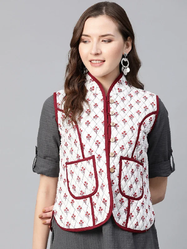 women's coats with pocketsQuilted Jacket In Printed Fabric, Has A White Lining And Mehroon Piping Detailing On Collar And Pocket,Has 2 Pockets And Mandarin Collor