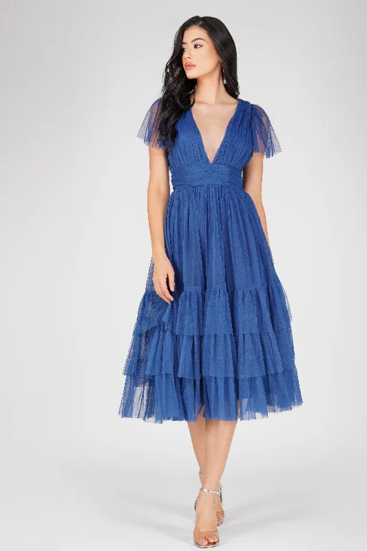 women's lightweight dressesMadison Cobalt Blue Tulle Bridesmaid Midi Dress