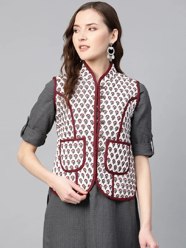 casual women's coatsWomen Off-White & Maroon Printed Lightweight Quilted Jacket