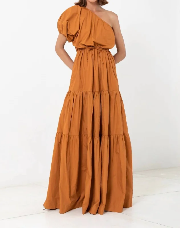 women's prom dressesOne Shoulder Puff Sleeve Maxi Dress In Tuscan Sun