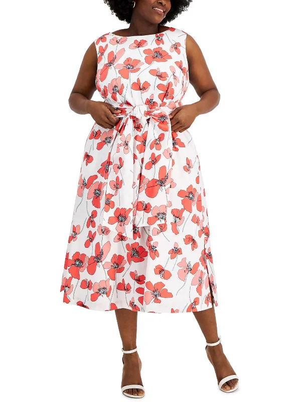 women's ball gown dressesPlus Womens Floral Print Boatneck Midi Fit & Flare Dress