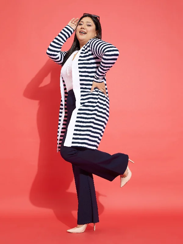 women's coats for those who seek both warmth and flairWomen Navy & White Striped Front Open Shrug