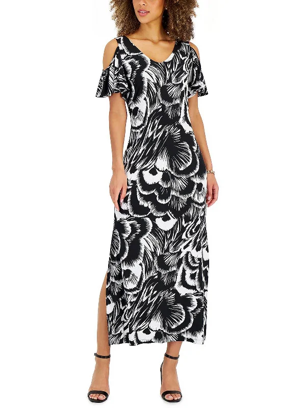 women's cotton dressesPetites Womens Printed Cold-Shoulder Maxi Dress