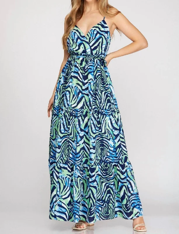 women's tall dressesSurplice Cami Printed Woven Tiered Maxi Dress In Navy