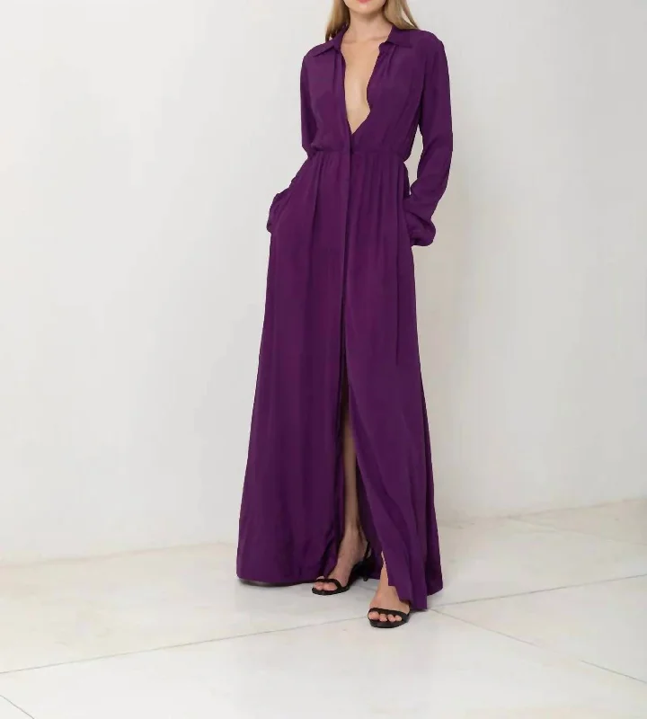 women's unique dressesLong Sleeve Button Up Maxi Dress In Plum