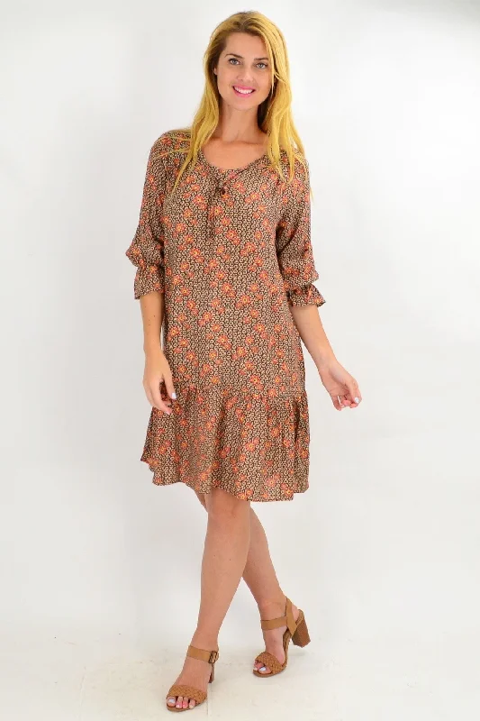 cozy women's coatsRetro Floral Ruffle Sleeve Tunic Dress