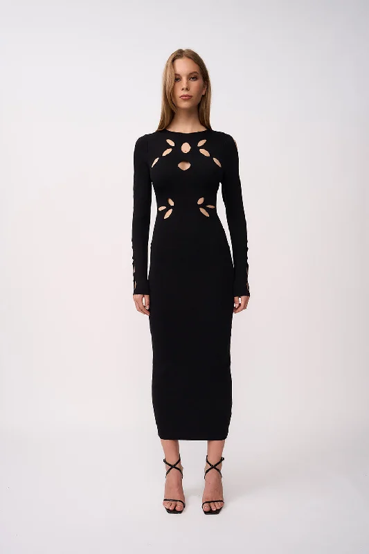 women's silk dressesLaser Leaf Midi Dress | Final Sale - Black