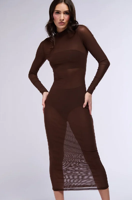 women's long-sleeved dressesAU REVOIR MESH MIDI DRESS IN BROWN