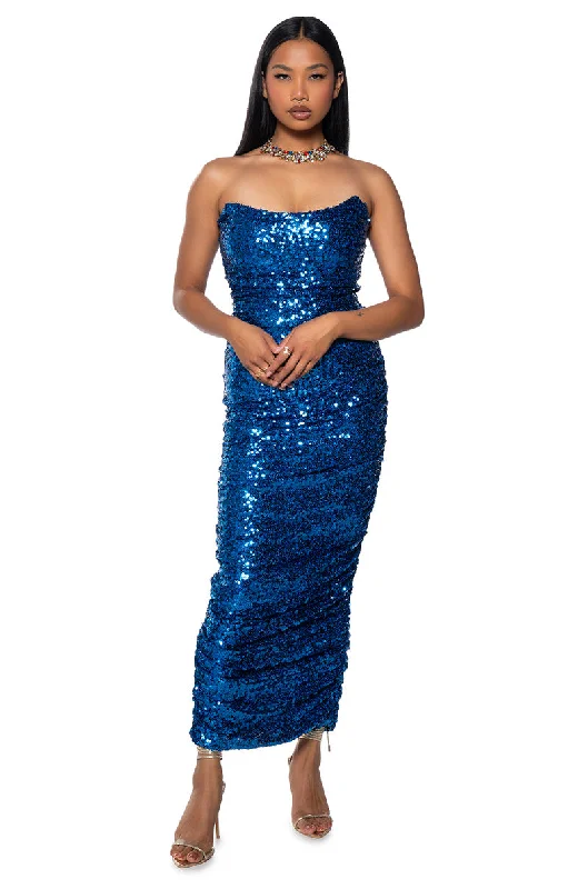 women's lightweight dressesMAYA SEQUIN STRAPLESS MIDI DRESS IN BLUE