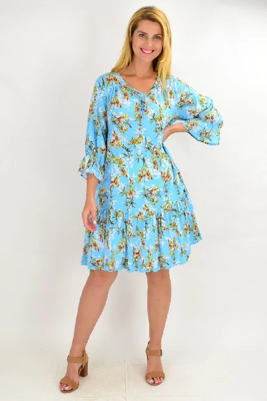 women's coats with hoodsSky Blue Floral Ruffle Sleeve Tunic Dress