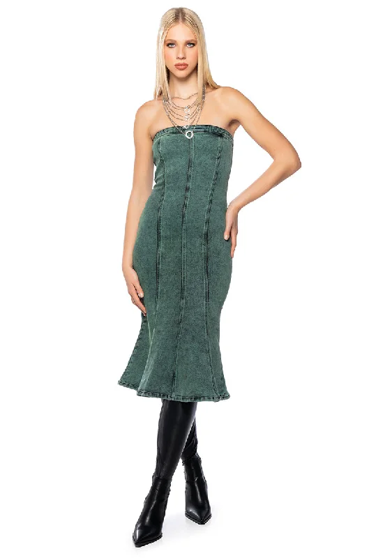 women's limited-edition dressesSEEING GREEN STRAPLESS WASHED DENIM MIDI DRESS