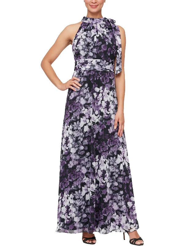 women's cinched-waist dressesWomens Floral Tie Neck Maxi Dress