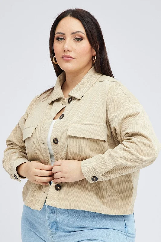 women's coats for countryside strollsBeige Cord Crop Jacket Long Sleeve