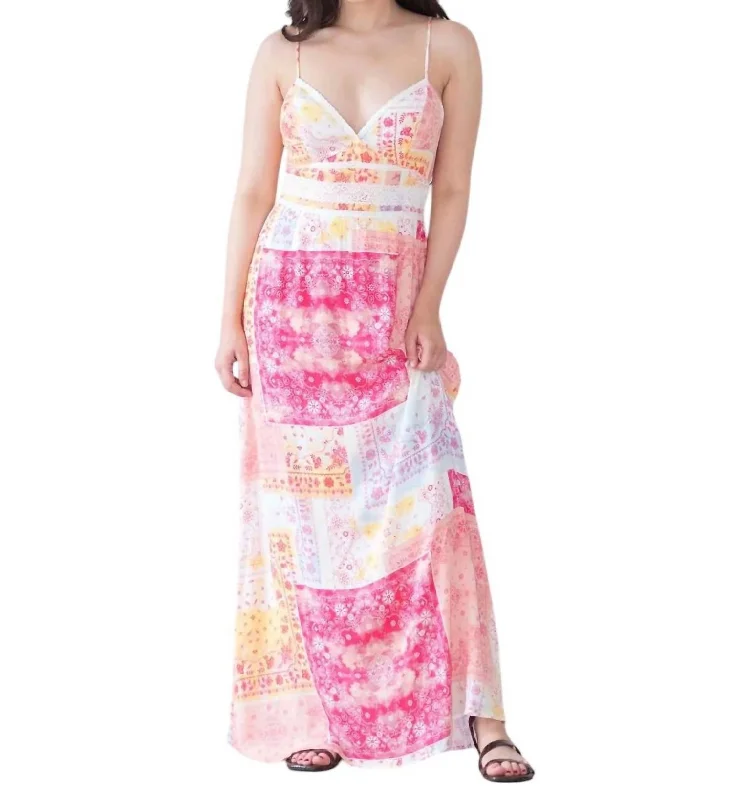 women's travel dressesPatchwork Print Maxi Dress In Pink Orange