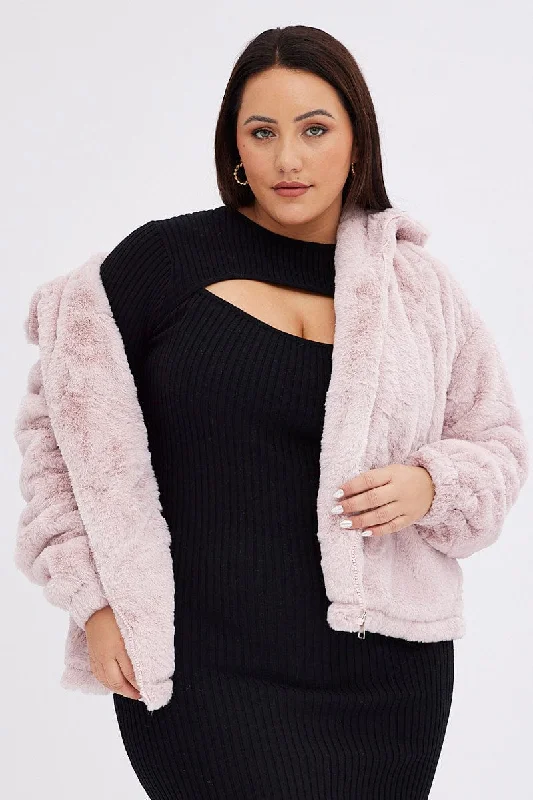 women's stylish coatsPink Zip Jacket Lined Plush Faux Fur