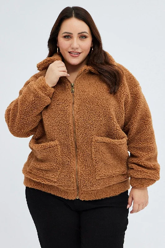 women's coats with oversized fitsBrown Plus Teddy Jacket