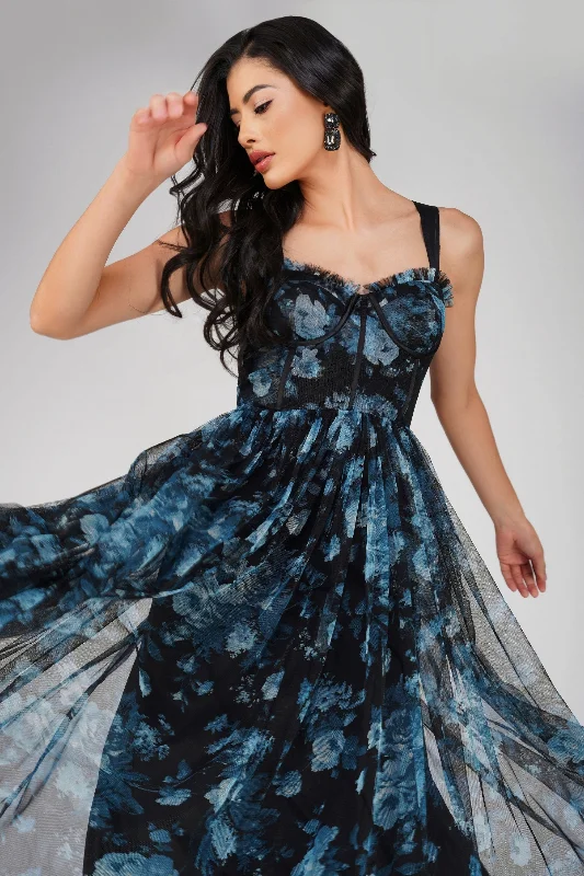 women's formal dressesDane Blue Floral Corset Midi Dress