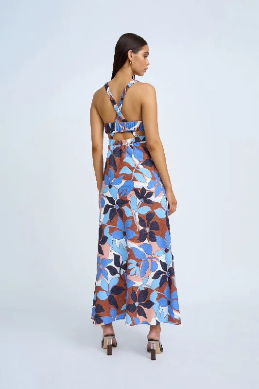 women's off-the-shoulder dressesOphelia Floral Bias Midi Dress | Final Sale - Navy Tan Brown Ivory