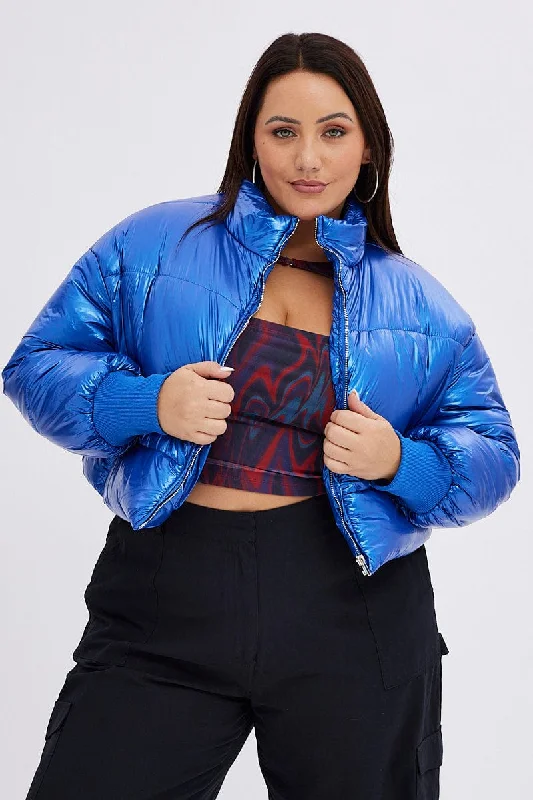 women's coats for fashion-conscious professionalsBlue Puffer Jacket Shiny Wet Look Lined Cropped