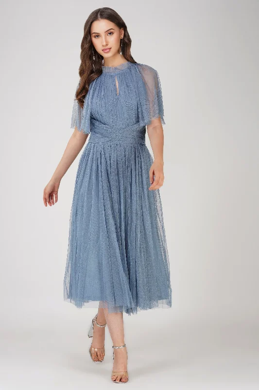 women's cinched-waist dressesCristiane Dusty Blue Tulle Midi Dress