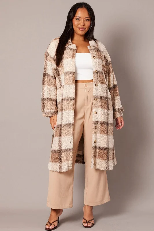 plus-size women's coatsBrown Check Longline Boucle Teddy Coat