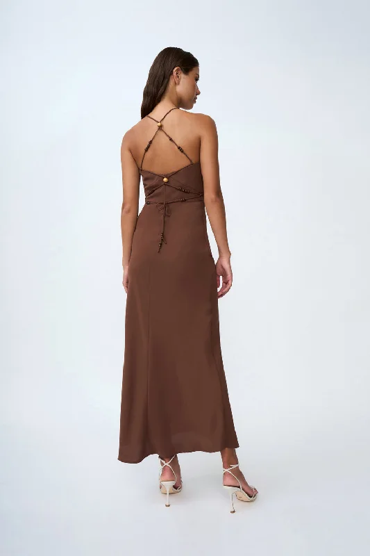 women's halter dressesHana Bias Bead Midi Dress | Final Sale - Chocolate