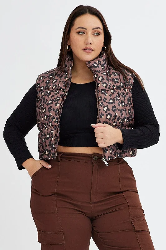 women's coats with zippersBrown Animal Print Puffer Vest Crop Sleeveless Leopard