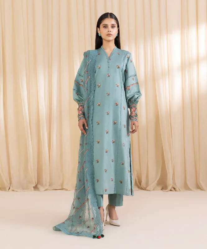 3 Piece - Embroidered Cotton Satin Suit