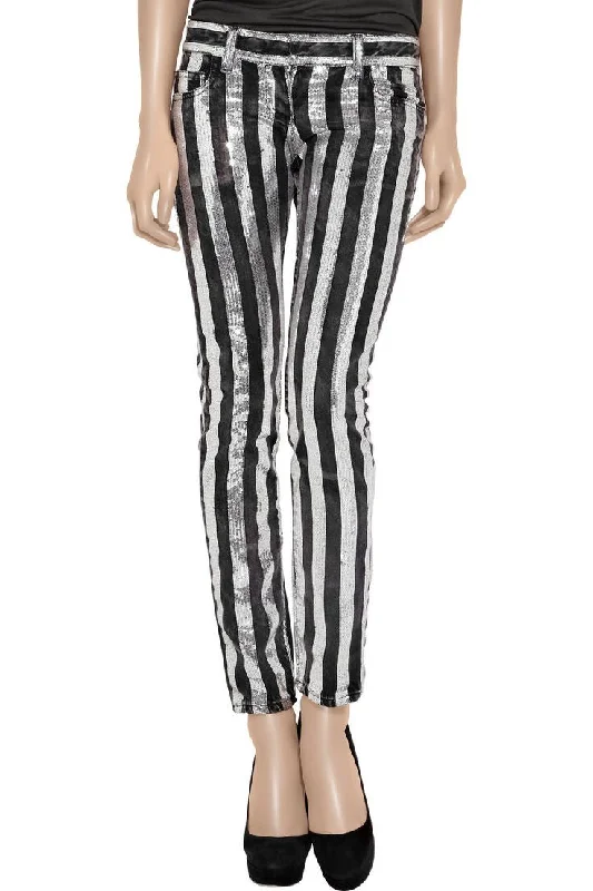 women's timeless pantsBalmain - Black and Silver Embellished  Striped Jeans - FR 40