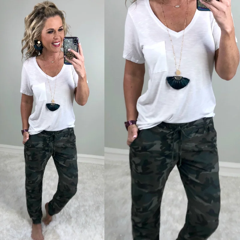 women's patched pantsComfy in Camo Joggers: Olive