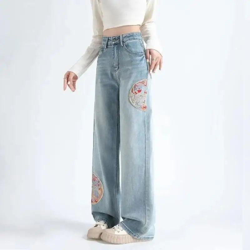 women's solid-color pantsEmbroidered High Waisted New Loose Straight Blue Washed Trouser