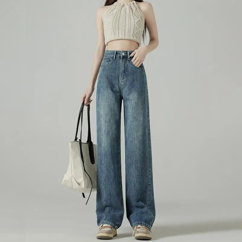 women's denim pantsFashionSierra - American Vintage Blue High Waist Autumn Fashion Streetwear Trouser