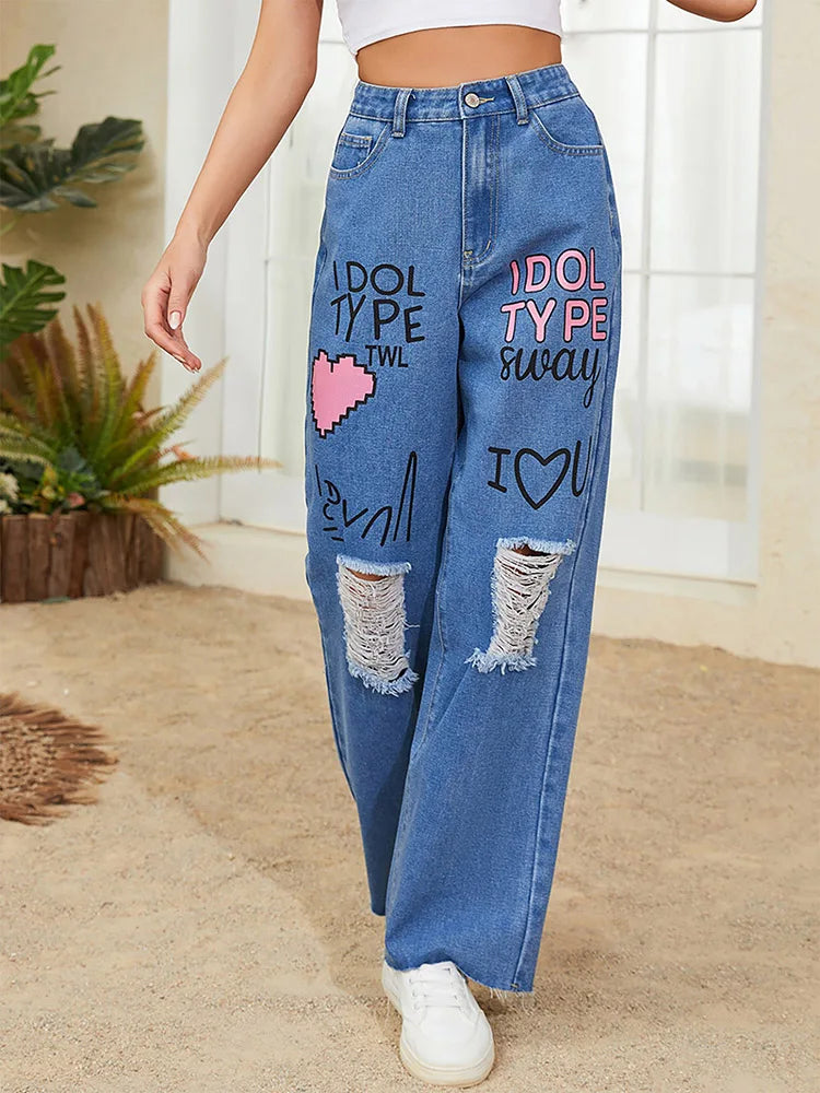 women's mini pantsFashionSierra - Ripped Graffiti Punk Street Heart Trouser