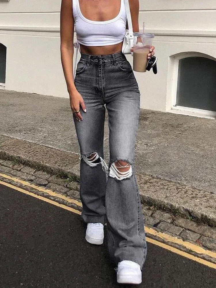 women's summer pantsFashionSierra - Women Flare Stretch Ripped Fashion Bell High Gray Hole Trouser