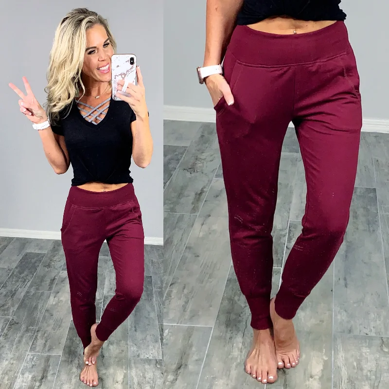 women's distressed pantsLounging Around Joggers - Burgundy