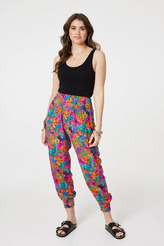 women's hot pantsFloral Shirred High Waist Harem Pants