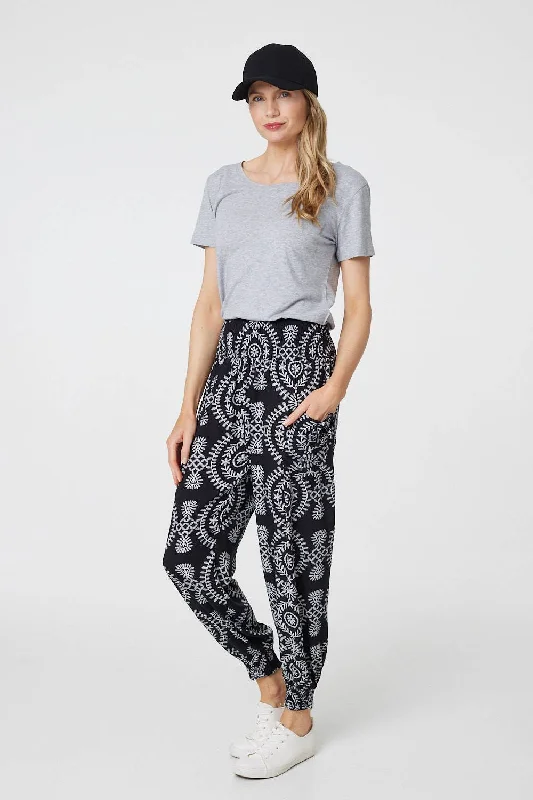 women's patterned pantsPrinted Smocked Waist Harem Pants