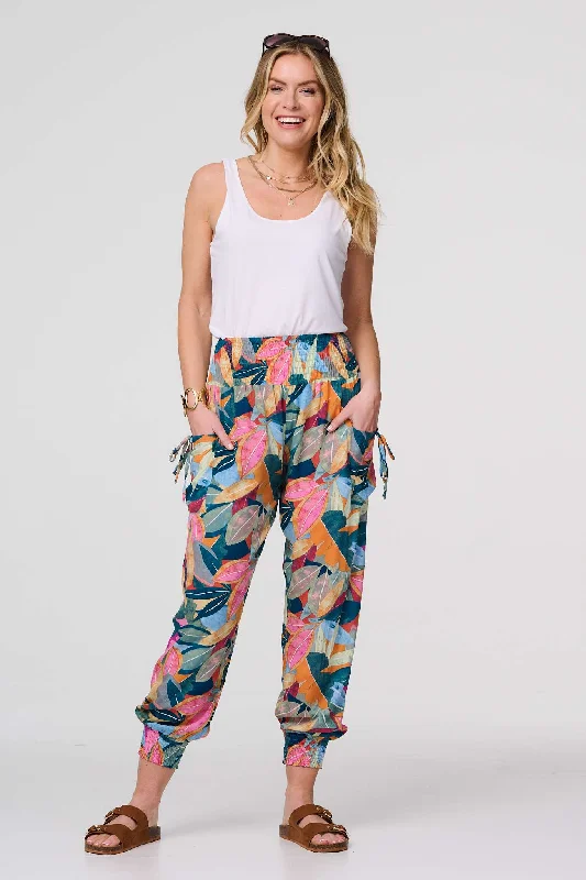 women's adventure pantsLeaf Print Tassel Pocket Harem Pants