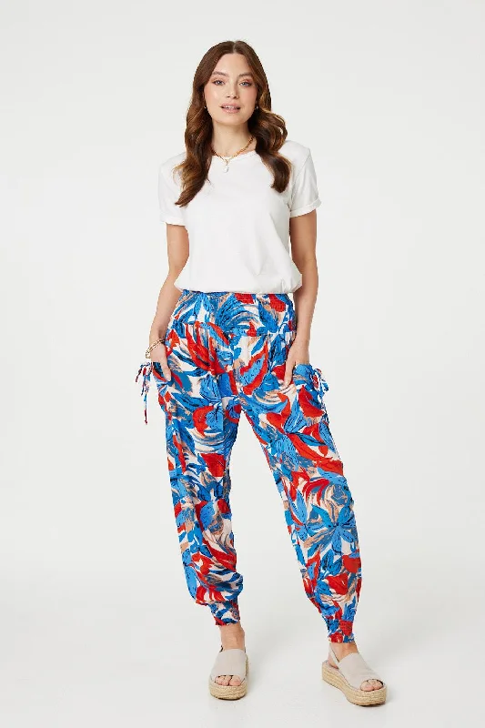 women's distressed pantsTropical Leaf Print Harem Pants