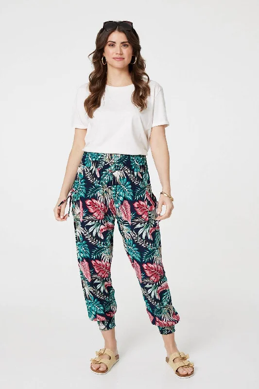 women's retro pantsLeaf Print Harem Pants with Pockets