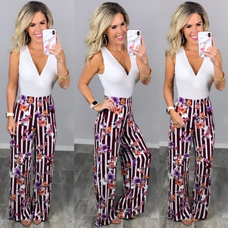 women's formal pantsStriped with Floral Pants - Burgundy