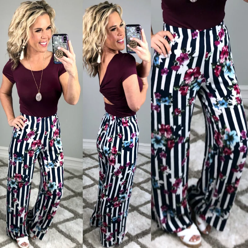 women's adventure pantsStriped with Floral Pants - Navy