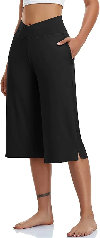 women's petite pantsFashionSierra - Casual Wide Leg Yoga Capris Crossover High Waist Capri Pants