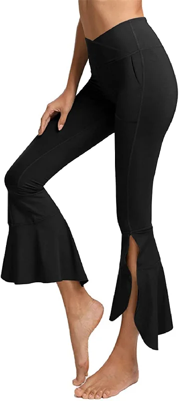 women's satin pantsFashionSierra - Capri Yoga Pants Cross High Waisted Cropped Slit Flared Ruffle Bottom