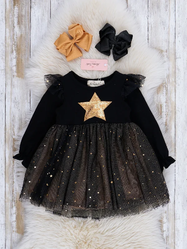 women's mother of the bride dressesBlack Gold Star Sparkle Tulle Dress