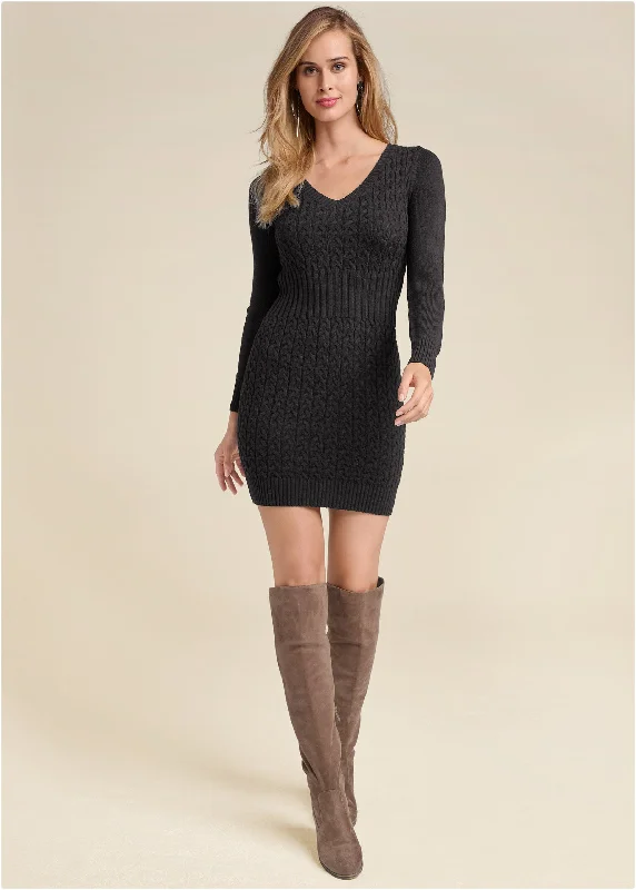 women's satin dressesCable Knit Sweater Dress - Black